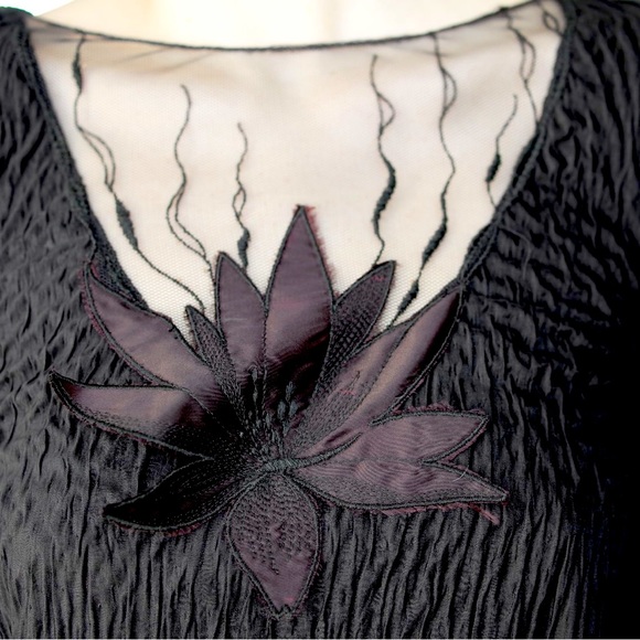 VTG 80s New Leaf by Samir Black Dress Sheer Floral Yoke, Puff Shoulders. Ruched. - Picture 3 of 9